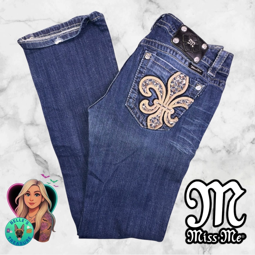 Miss Me Jeans Women's 29 Bootcut Fleur de Lis Sequin Embellished Low Rise 29x33